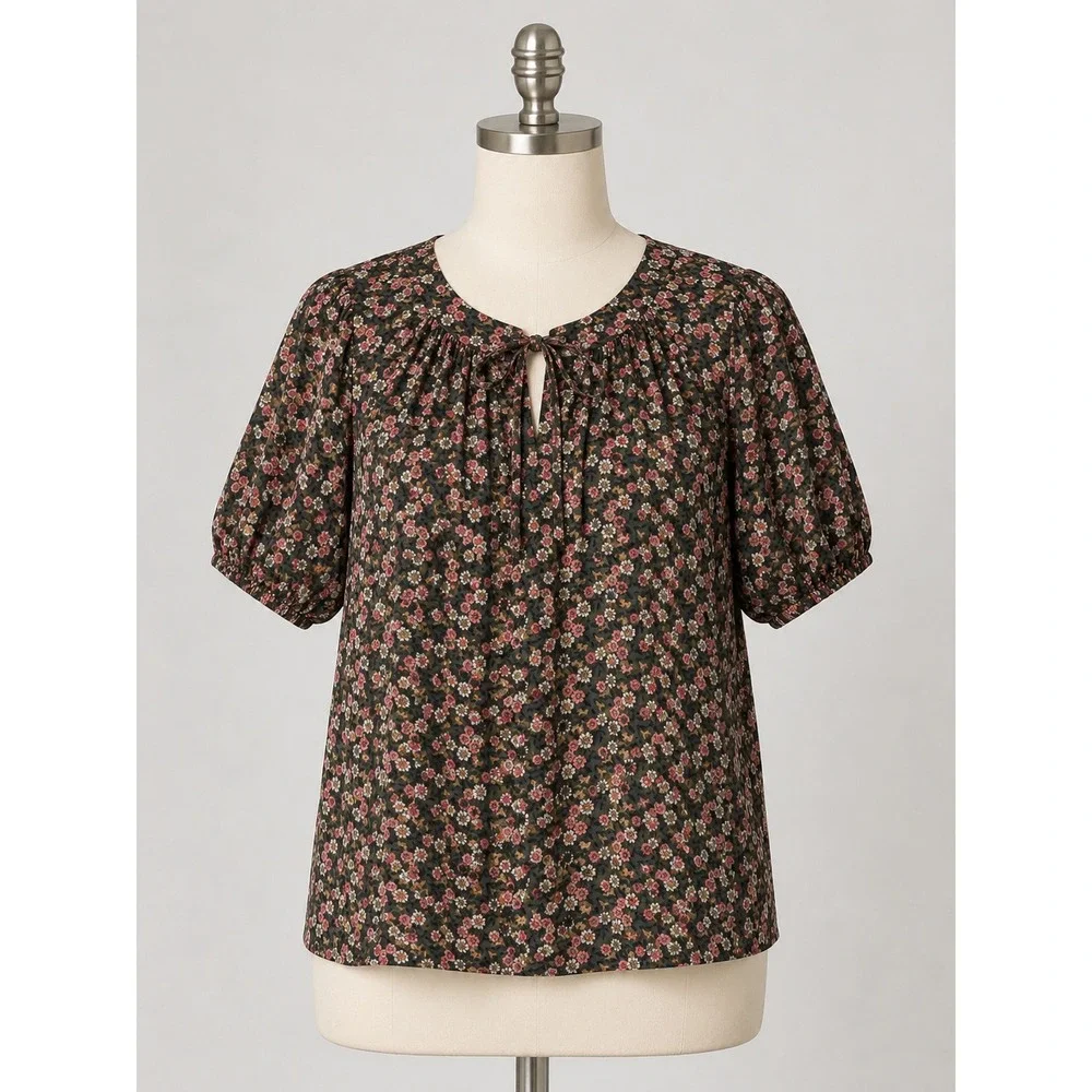 LOFT Womens Floral Tie Neck Puff Sleeve Blouse Olive Green Pink Small